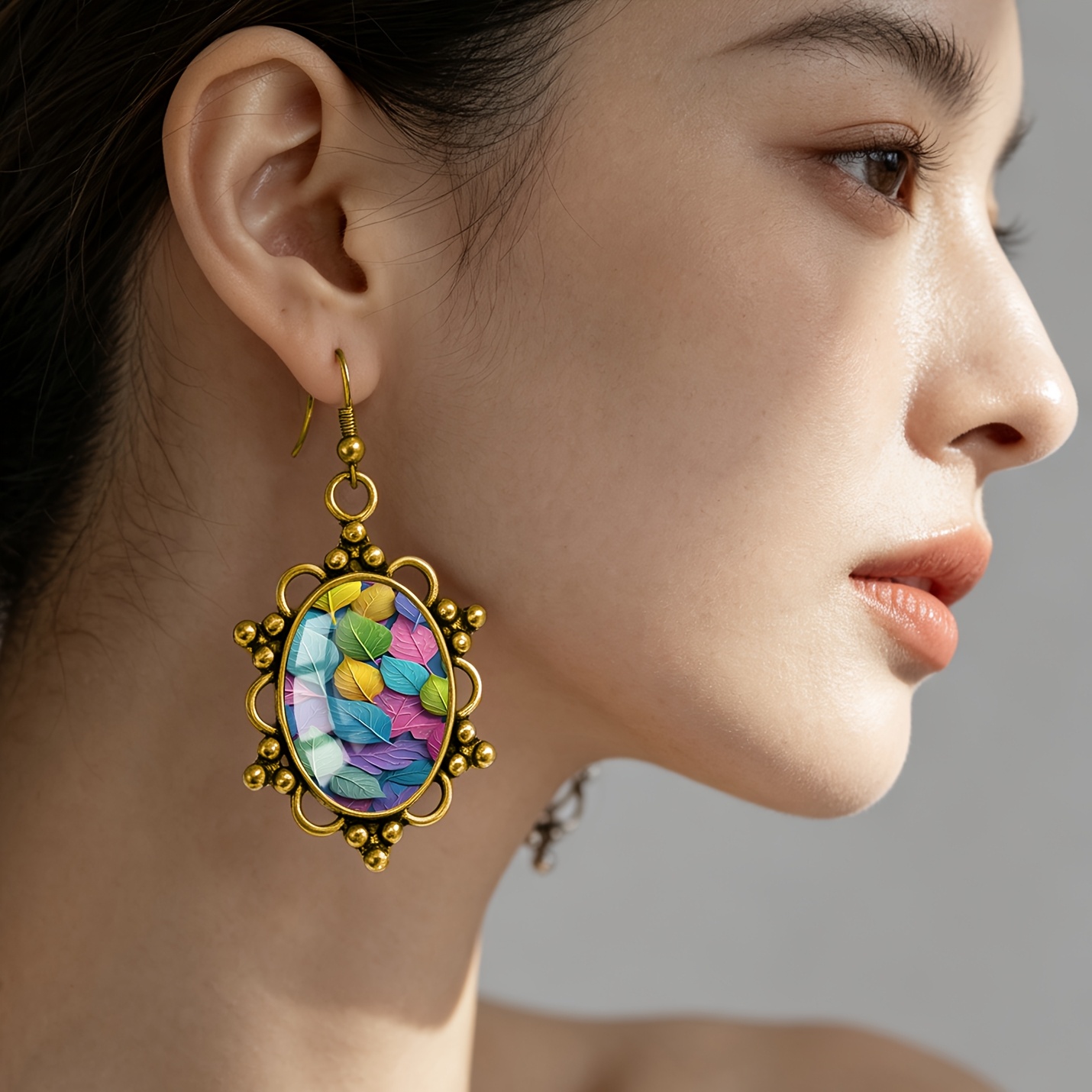Colorful Leaf-Patterned Oval Earrings, Unisex Gift